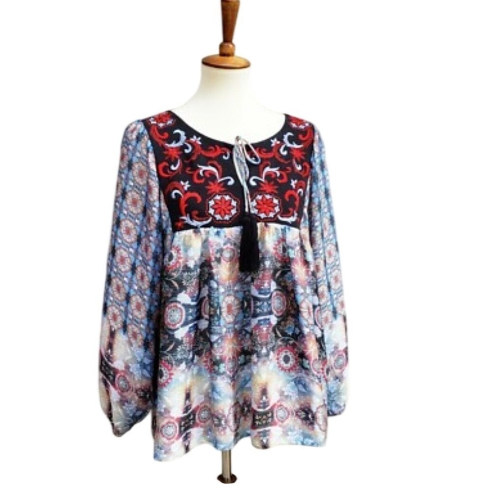 KAS New York Embroidered Boho Peasant Blouse Blue Floral Tassel Top Large